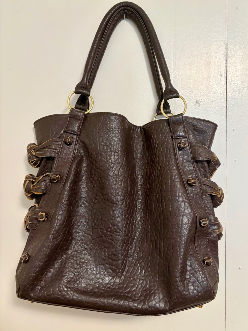 Braciano Dark Brown Textured Leather Tote with Gold Accents